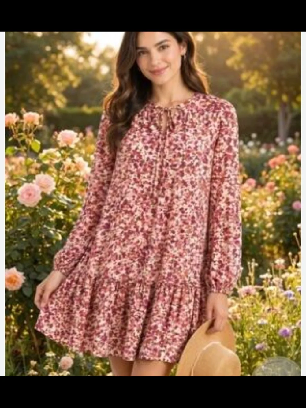 J. Crew Women's Floral Tiered Tunic Dress With Tie Pink Bohemian Resort, Medium